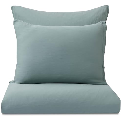 URBANARA Satin-Bettwäsche Formoso 135x200 cm + 80x80 cm I 70% Tencel™ Lyocell & 30% Hanf 2-TLG. Set I Nachhaltig Made in Portugal I Besonders Weich I Gewonnen aus Eukalyptus I Helles Grüngrau