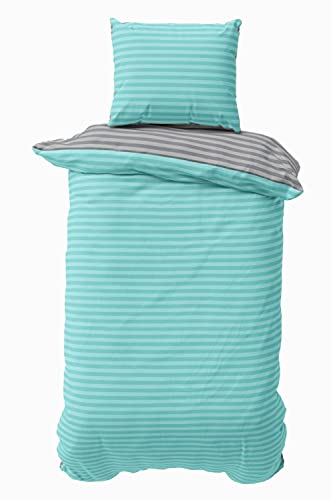 Leonado Vicenti Bettwäsche Baumwolle-Set 135x200 Bettbezug 80x80 Kissenbezug Petrol Gestreift mit robustem Reissverschluss
