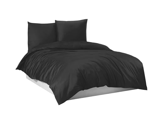 Mixibaby Bettwäsche Bettgarnitur Bettbezug Baumwolle 135x200 155x220 200x200 200x220, Größe:155 x 220 cm, Design Bettwäsche:Schwarz Uni