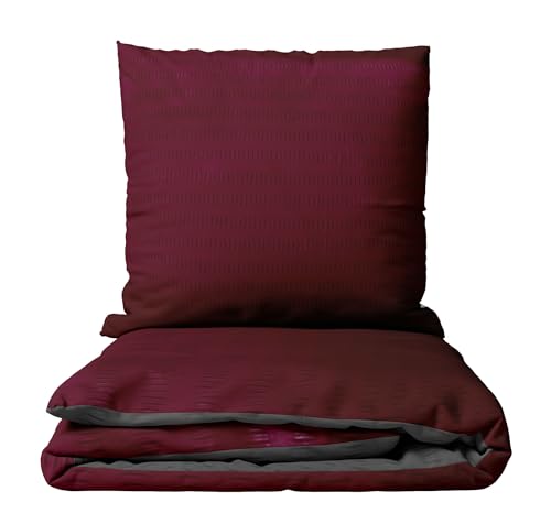 Leonado Vicenti Bettwäsche Seersucker Mikrofaser Set Einfarbige Uni Garnitur Bezug Kissen Decke, 2teilig, 135x200 cm, Bordeaux