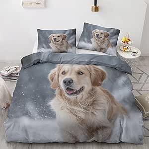 Bettwäsche 140x200 Golden Retriever Bettwäsche-Sets 140 x 200 3 Teilig 3D Schneehunde Bettbezüg Weich Mikrofaser Bettbezug mit Reißverschlus und 2 Kissenbezug 80x80cm b_303