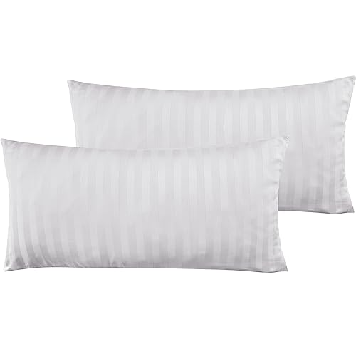 Pure Label 2er Set Mako Satin Damast Streifen Kopfkissenbezüge 40x80 cm aus 100% Baumwolle in weiß| Traumhaft weiche Kissenbezüge passend zu unseren Bettwäsche Sets