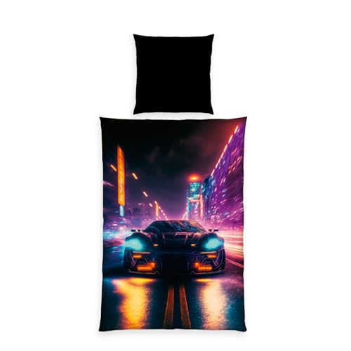 Herding Bettwäsche Neon Car, Young Collection, Kopfkissenbezug 80 x 80 cm mit Wende-Motiv, Bettbezug 135 x 200 cm, Mit Reißverschluss, 100% Polyester/Mikrofaser