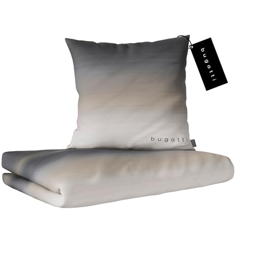 bugatti Bettwäsche 135 x 200 cm - 100% Baumwolle, Reißverschluss, anschmiegsam, weich & waschbar, Mako Satinbettwäsche gestreift grau beige