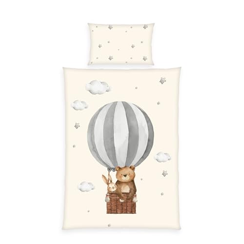 Herding babybest Bettwäsche Ballonfahrt, Kopfkissenbezug ca. 40 x 60 cm, Bettbezug ca. 100 x 135 cm, Mit Reißverschluss und Hoteleinschlag, 100% Baumwolle/Renforcé, Beige