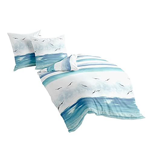 Traumschlaf Biber Bettwäsche flauschig-weich-kuschelig im Maritimen Look mit Reißverschluss 155x200 cm + 80x80 cm