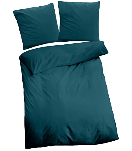 panoptikum24 Mako-Satin Bettwäsche *Made in Germany* 135x200 80x80 Uni einfarbig Dormisette mit Reißverschluss 100% Baumwolle (Petrol smaragd grün)