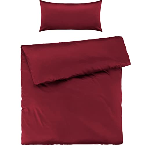 Pure Label Mako Satin Bettwäsche rot 155x220 cm mit Kissenbezug 40x80 cm aus 100% Baumwolle - Traumhaft weiches Mako Satin Bettwäsche Set in Uni