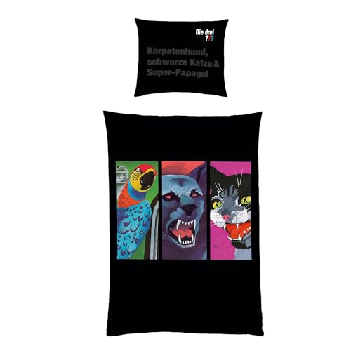 TexIdea Wende Bettwäsche-Set Die DREI Fragezeichen 135x200 80x80 cm Kinderbettwäsche aus 100% Baumwolle, Linon, schwarz, deutsche Größe die ersten Folgen
