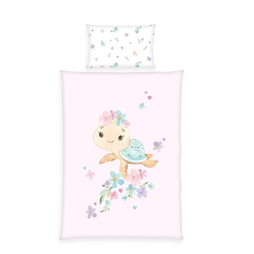 Herding babybest Little Turtle Bettwäsche, Kopfkissenbezug 40 x 60 cm mit Hoteleinschlag, Bettbezug 100 x 135 cm, Mit Reißverschluss, 100% Baumwolle/Renforcé, Weiß/Rosa