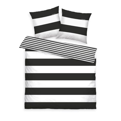 TOM TAILOR Renforcé-Bettwäsche, 2*80x80 cm + 200x220 cm, 100% Baumwolle/Renforcé, mit Wendemotiv und Markenreißverschluss, SIENA, Weiß, Schwarz