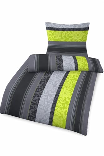 Soma Fein Biber Bettwäsche Garnitur 135 x 200 cm und 80 x 80 cm Feinbiber Borde anthrazit Grün Blume