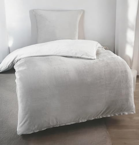 DreamHome Winter Wende Plüsch Bettwäsche 135x200 Nicky-Teddy Cashmere Touch Coral Fleece Bettdezug + Kissenbezug 80x80, Farbe:Silber-Weiss