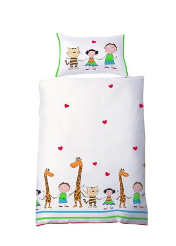 JACK by Fleuresse Renforcé Bettwäsche Baby 2 TLG. 100x135cm Giraffe Freunde Katzen Herz Bunt Reißverschluss