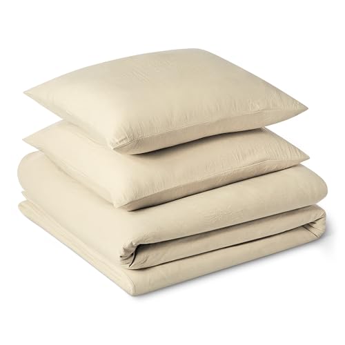 Amazon Basics Bettwäsche 200x200 3teilig Vorgewaschene Mikrofaser, Extra Weich mit Knitter-Look, Bügelfrei, Bettbezug 200x200 cm & 2 Kissenbezüge 80x80 cm, Beige