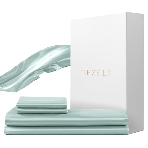 THXSILK Seidenbettwäsche Set 2 teilig?Bettbezug 155 x 220 cm und 80 x 80 cm Kissenbezug, Luxus Seide Bettwäsche Set, Super Weich und Glatt, Hellblau