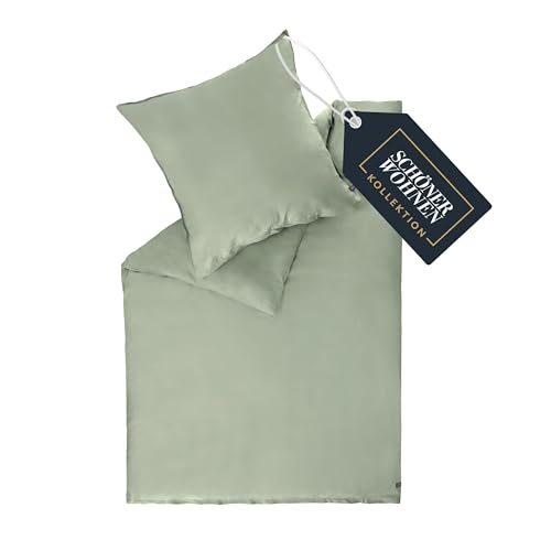 SCHÖNER WOHNEN Satin Bettwäsche 135x200 Baumwolle Grün - Luxus Bettwäsche-Set 2teilig - weich & atmungsaktiv - bestehend aus 1 Bettwäschebezug und 1 Kopfkissenbezug 80x80cm - Öko-Tex Zertifiziert
