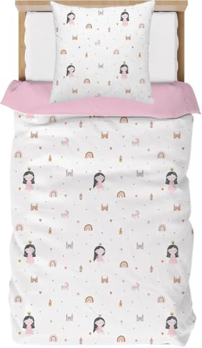 DJDEA Kinderbettwäsche 100x135 - Einhorn Bettwäsche Mädchen 100x135 mit Prinzessin und Regenbögen, Mikrofaser Bettbezug 2-teiliges mit 1 Kissenbezug 40 x 60 cm