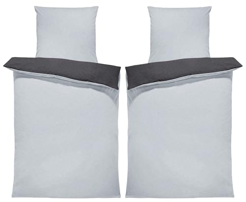 one-home Winter Bettwäsche Doubleface Uni Wende kuschelig flauschig warm weich Fleece, Größe:4 teilig 135x200 cm, Farbe:grau/anthrazit