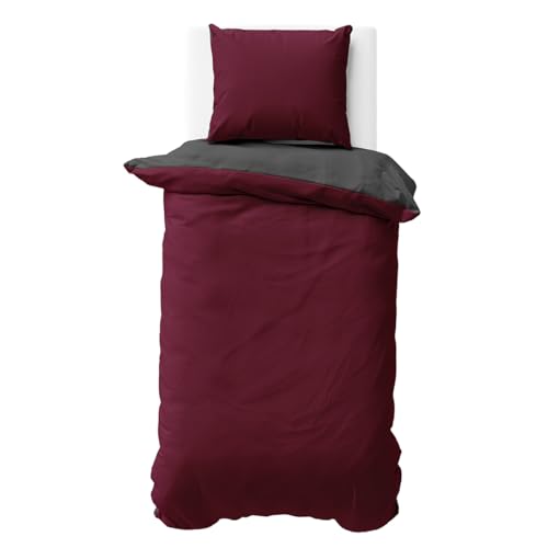 Visaggio Wende Bettwäsche Mikrofaser 135x200 cm Bordeaux Anthrazit Bettbezug Garnitur Set Uni Einfarbig Deckenbezug Kissenbezug Schlafzimmer Set
