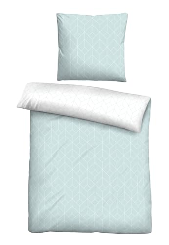 biberna Seersucker Bettwäsche 135x200 cm, 2-teilig mit Kissenbezug 80x80 cm, 100% Baumwolle, kühlend, bügelfrei & atmungsaktiv, Reißverschluss, Sommerbettwäsche, Geometrie, türkis, Modell 0026750