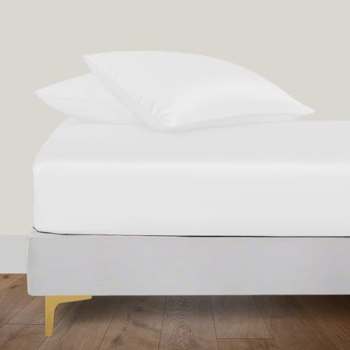 LINENWALAS Spannbetttuch aus 100% Bio-Bambus Seide 140x200 cm, Tiefe Tasche bis 40 cm weich, Öko-Tex-zertifiziertes kühlendes Bambus-Bettwäsche-Set Spannbetttuch mit Kissenbezug (Weiß)