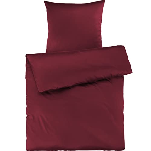 Pure Label Mako Satin Bettwäsche rot 135 x 200 cm mit Kissenbezug 80 x 80 cm aus 100% Baumwolle - Traumhaft weiches Mako Satin Bettwäsche Set in Uni
