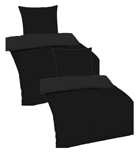 Casa Colori Seersucker Bettwäsche 4tlg. 135x200 cm mit RV Unifarben Bettgarnitur - Schwarz