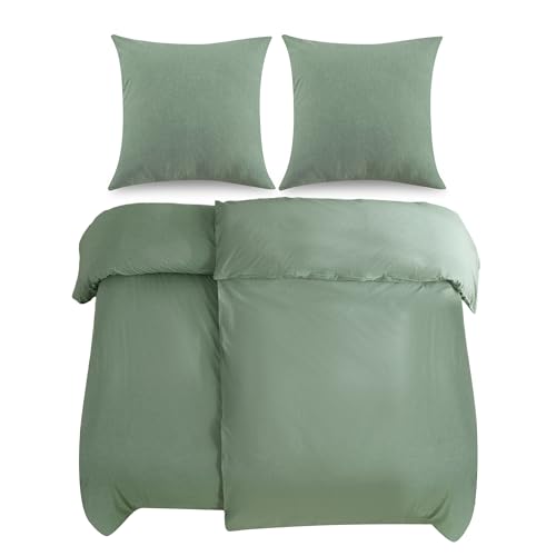 ATsense Bettwäsche 135x200 cm Baumwolle 4teilig, Bettwäsche-Sets Grün ÖkoTex-Zertifizierte mit Leinenartigem Griff, Atmungsaktiv, 2 Bettbezug und 2 Kissenbezug 80x80 cm