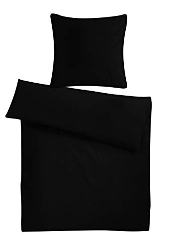 Carpe Sonno Biber Bettwäsche 155 x 220 cm Baumwolle - 2tlg Bettwäsche Winter - Set aus Deckenbezug mit Reißverschluss + Kissenbezug - Flauschige Winter Bettwäsche Flanell - Schwarz