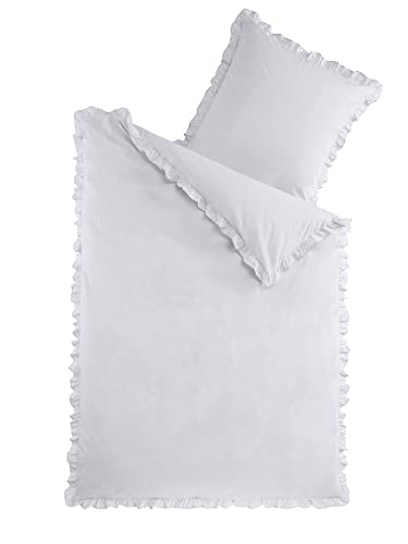 Dreamhome Renforcé Baumwolle Bettwäsche Rüschen 135x200 Vintage Shabby chic Uni Farben mit Reißverschluß Kissenbezug 80x80, Farbe:Grau