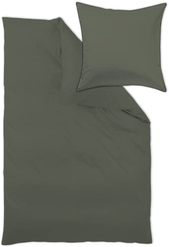 Curt Bauer Mako-Brokat-Damast-Bettw sche-Garnitur Dessin 9008 Arezzo Farbe olive-3825 Größe 155x220 + 40x80 cm Waffelmusterung maskuliner Touch Reißverschluss