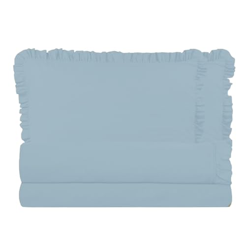LARA MORADA - Bettwäsche-Set für Doppelbett, 100 % Baumwolle, mit Federbällen Made in Italy, einfarbig, für Doppelbett mit hellblauen Federbällen