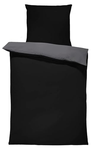 one-home Uni Wende Bettwäsche Einfarbig Mikrofaser Garnituren Bettbezüge Unifarben Reißverschluss (schwarz/anthrazit, 2 teilig 135x200 cm)