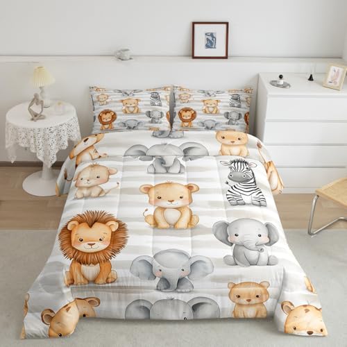 Feelyou Elefanten-Löwen-Bettwäs che-Set für Kinder, Leoparden-Zebra-Bettwäsc he-Set für Jungen, Mädchen, Teenager, Safari-Druck, Camouflage, atmungsaktiv, 3D-Wildtier-Muster, Bettdecke