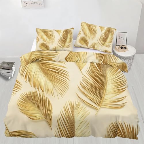 Bettwäsche 155x220 Minimalistisch Bettbezug 155x220 Goldene Palmwedel Bettbezug mit 2 Kissenbezüge 80x80cm, Bettwäsche-Sets Microfaser mit Reißverschluss a2685