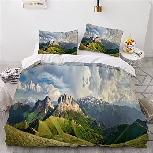 Xisnuient 3D Schneeberg Bettbezug Für Herren 2/3-teiliges Bettwäsche Set Mit Natürlicher Landschaft Bergen Weiß Grau Grün Schlafzimmer Bettbezug Weiches Polyester Mit Kissenbezug (Farbe 2,135x200 cm)