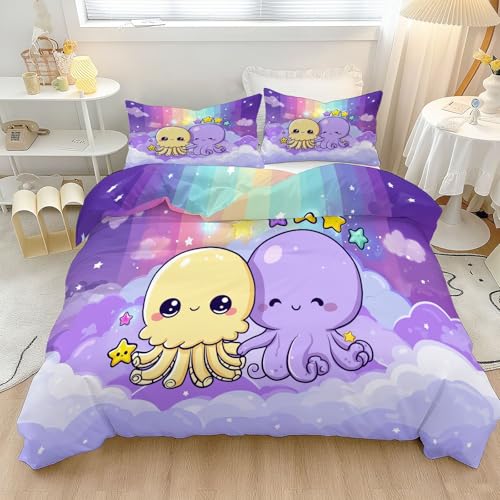 Wende-Design Bettwäsche 180 x 200 cm, Cartoon Niedlich Kleiner Oktopus Wolke Muster Weiche Mikrofaser Bettbezug mit Reißverschluss, Lila Bettwäsche Set mit 2 Kissenbezüge 80 x 80 cm