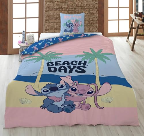 Disney Lilo & Stitch Beach Days Kinderbettwäsche 2-teilig 135x200 cm - 80x80 cm - Bettwäsche mit Reißverschluss - Hautfreundlich & atmungsaktiv 100% Baumwolle