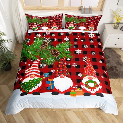 Weihnachtswichtel Bettbezug Rot Schwarz Büffel Plaid Kariert Trösterbezug Rustikale Weihnachts-Bettwäsche-Se ts Doppel für Kinder Erwachsene, Xmas Urlaub Quilt Cover Neujahr Geschenke 2 Kissenbezüge