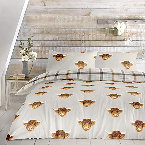 Fusion Wende-Bettwäsche-Set, Motiv: Highland Cow, Ocker, 1 Stück, Einzelbett, Gelb