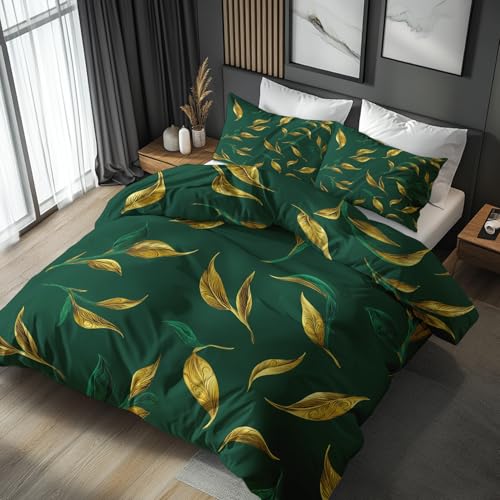 Generisch Goldenes Blatt Bettwäsche 140x200 2tlg, Schlafzimmer Deko Bettbezug und 1 Kissenbezug 70x90, Grüne Botanische Blätter Deckenbezug mit Reißverschluss, Weich Mikrofaser MG3-13