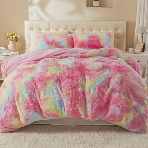 EMME Plüsch Bettwäsche Set 135x200cm Biber Flauschige Bettdecke Set für Bett Shaggy und Plüsch weiche Bettwäsche Bettbezüge und 1 Kissenbezug 80x80cm, Regenbogen-Buntes Rosa