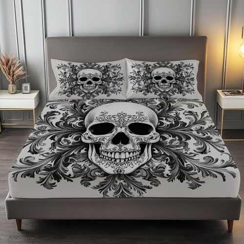 200 x 200 cm Spannbettlaken Set Grau, Besonderer Stil Schädel Textur Elegant Mikrofaser Bettwäsche, Weiches Spannleintuch 2 Kissenbezüge, Pflegeleichtes Bettwäsche Set für Boxspringbett und Topper