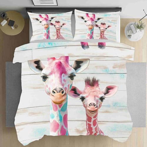 Bettwäsche 155x220 Modern Giraffe Bettwäsche Set Weich Microfaser Kuschelige Bettwäsche, Lustig Tier Wendebettwäsche Landhausstil Holzplanke Bettbezug und Kissenbezug 80x80cm mit Reißverschluss