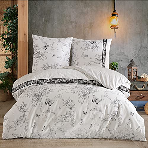 Buymax Bettwäsche 155x220 Baumwolle 2-Teilig Bettgarnitur mit Bettbezug und Kissenbezug 80x80 Renforce Bettwäsche-Set Schmetterlinge Geblümt Blumen-Muster, Schwarz Weiß