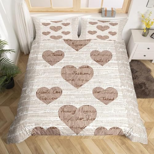 Homemissing King Lover Bettbezug Beige Braun Weiblich Mädchen Holzmaserung Bettwäsche Set Textdruck Paar Herz Muster Bettbezug Retro Romantisch Set Schlafzimmer Dekoration