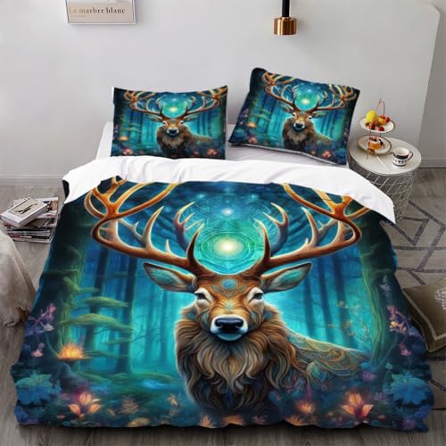ZHDEDSP Mystischer Hirsch Bettwäsche-Set, 2-teilig, Mikrofaser, Türkis-Braun, Waldmotiv mit Leuchtendem Design, Bettbezug 135x200 mit 1 Kissenbezügen 80x80 cm