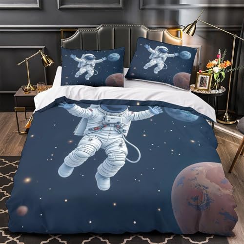 XCBAKZOEY Astronaut schwebt 3D Bedruckt Bettbezug 3teilig Mikrofaser Abriebfest Illustration eines Weltraumabenteuers Deckenbezug 2 Kissenbezüge hautfreundlich Jugendzimmer Deko Single?140x200cm?