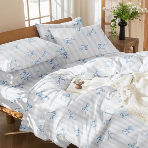Lanqinglv Bettwäsche 135x200 Mädchen Kinder Blau Schleifen Gestreift Bettwäsche aus Microfaser,ÖKO-TEX Bettwäsche Set Kinder Bettbezug mit Reißverschluss und 1 Kissenbezug 80x80 cm